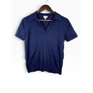 J.Crew Cotton Cashmere Polo Sweater S Navy Blue Short Sleeve V-Neck